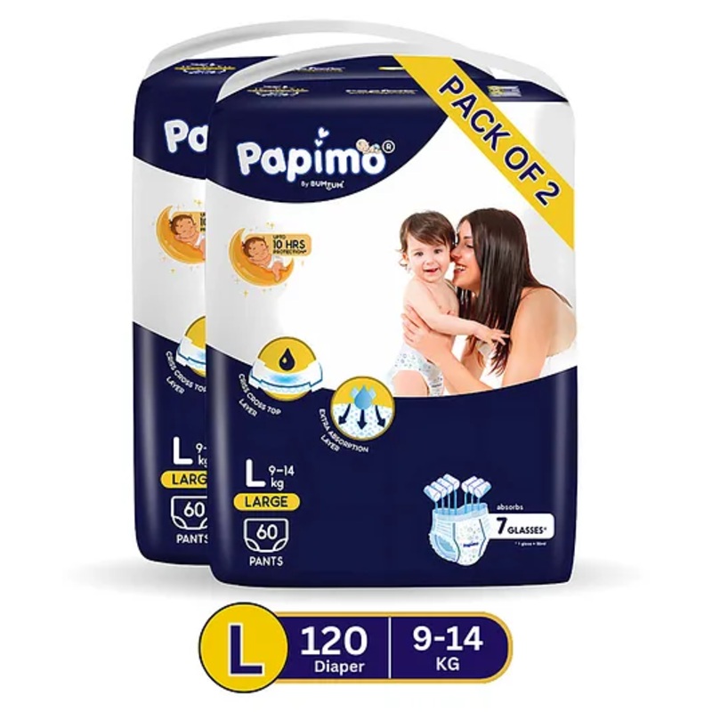 Papimo Baby Diaper Pants  | 12 Hours Absorption with Criss-Cross Technology | Cottony Soft & Breathable | Aloe Vera Infused | Wetness Indicator | Large (9-14 KG) | Pack of 2 (120 Diapers)