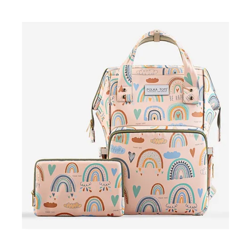 Polka Tots Stylish Premium Diaper Bag for Moms  17+ Pockets Multifunctional Backpack With Additional Pouch | Rainbow Print (Pink)