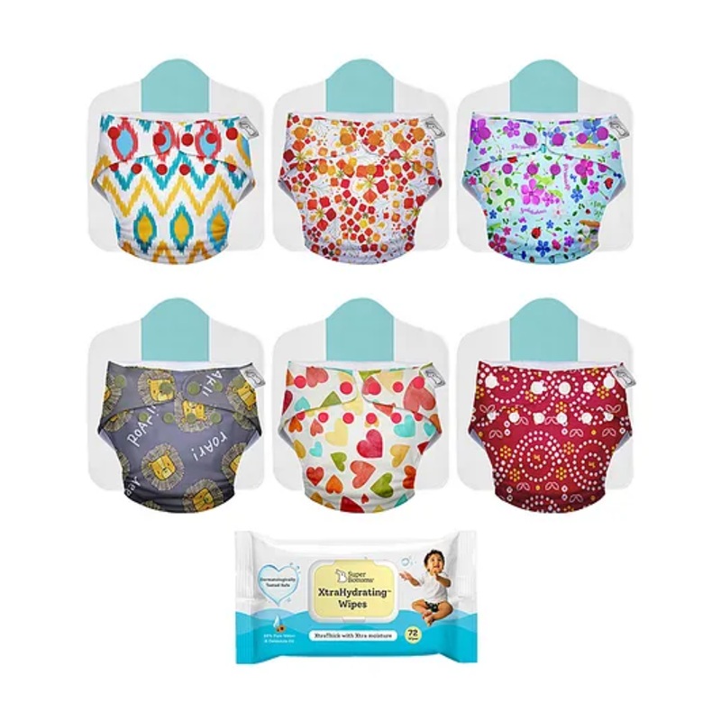 SuperBottoms Freesize UNO Cloth Diaper (3M – 3Y) Reusable, Absorbs 4-5 Pees – Pack of 6 with Wipes