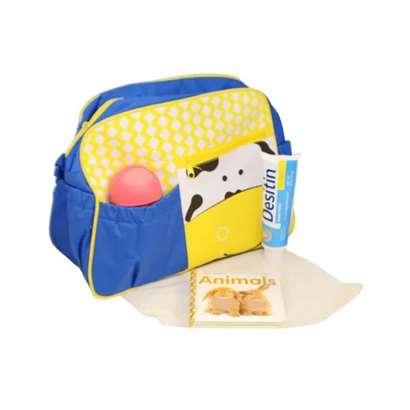 A Vintage Affair Diaper Bag With Changing Mat Cow Print – Blue & Yellow