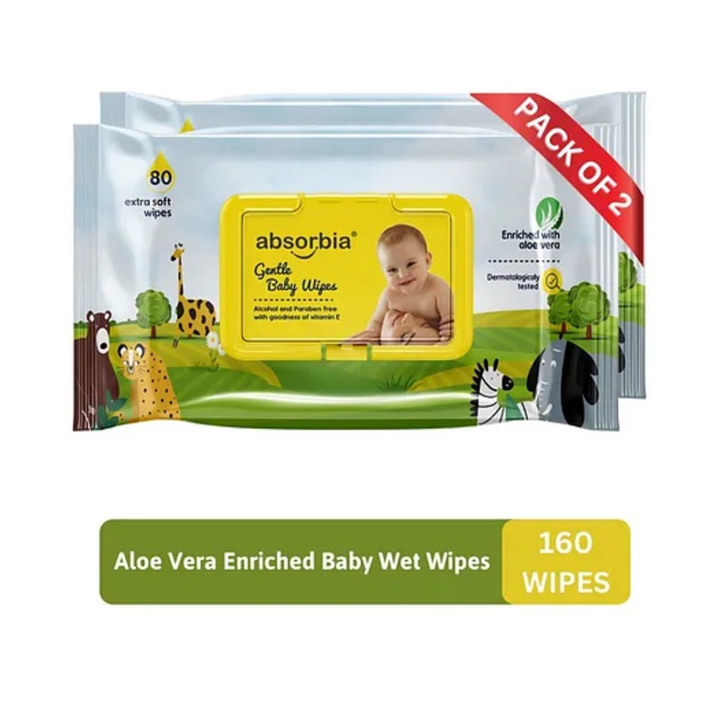 ABSORBIA Baby Wipes – With LID | Aloe Vera Extract | 160 Pieces | Pack of 2