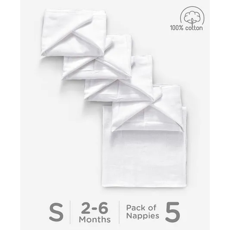 Babyhug Cotton Cloth Nappy Set of 5 Small – White