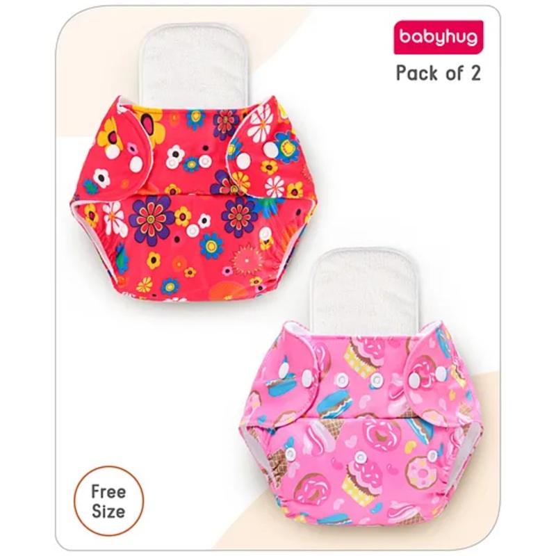 Babyhug Free Size Reusable Cloth Diaper with Inserts Floral & Donut Prints Pack of 2 – Multicolour