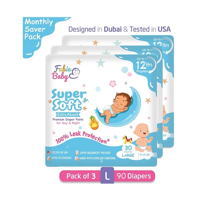 Fabie Baby Premium 12 Hrs Protection Diaper Pants Large (30Pcs) – Pack of 3
