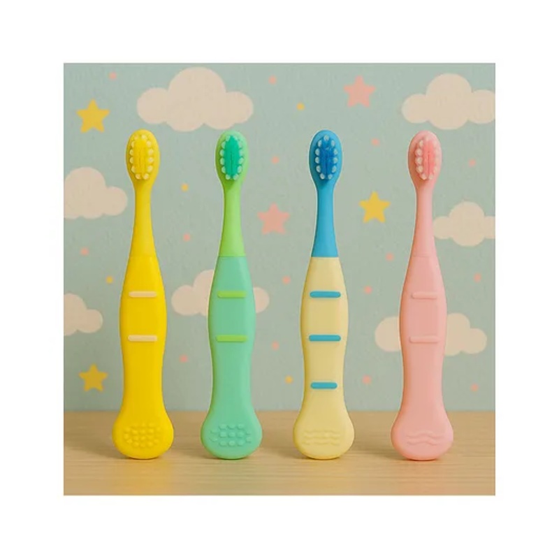 KIDS BASIC Cute Handle Soft Bristle With Tongue Scrapper Kids Toothbrush – Pink, Blue, Yellow & Green (Pack of 4)
