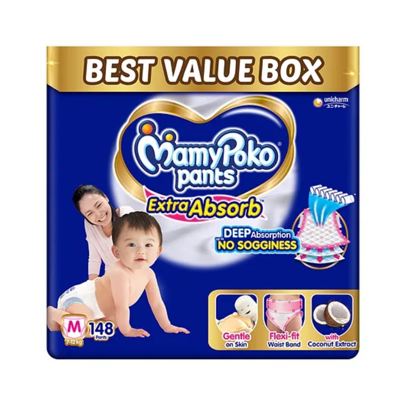 MamyPoko Pants Extra Absorb Baby Diapers, Medium (M size) | 7-12 kg | 148 Count |Deep Sleep Diapers| Soft gentle fit |Deep Absorbent Crisscross | skin friendly with coconut oil |