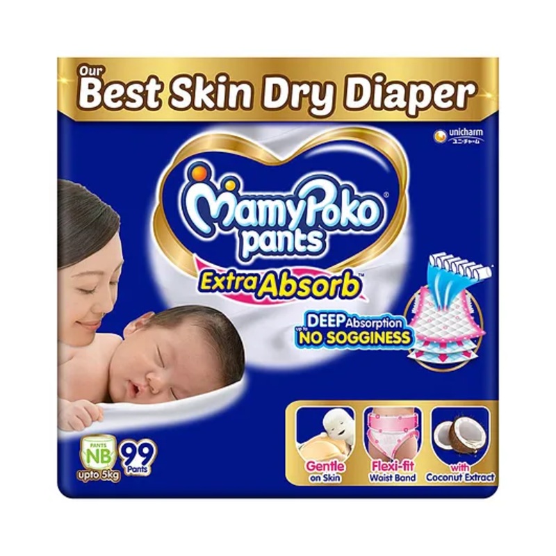 MamyPoko Pants Extra Absorb Baby Diapers, New Born (NB size) | 0-5 kg | 99 Count |Deep Sleep Diapers| Soft gentle fit |Deep Absorbent Crisscross | skin friendly with coconut oil |