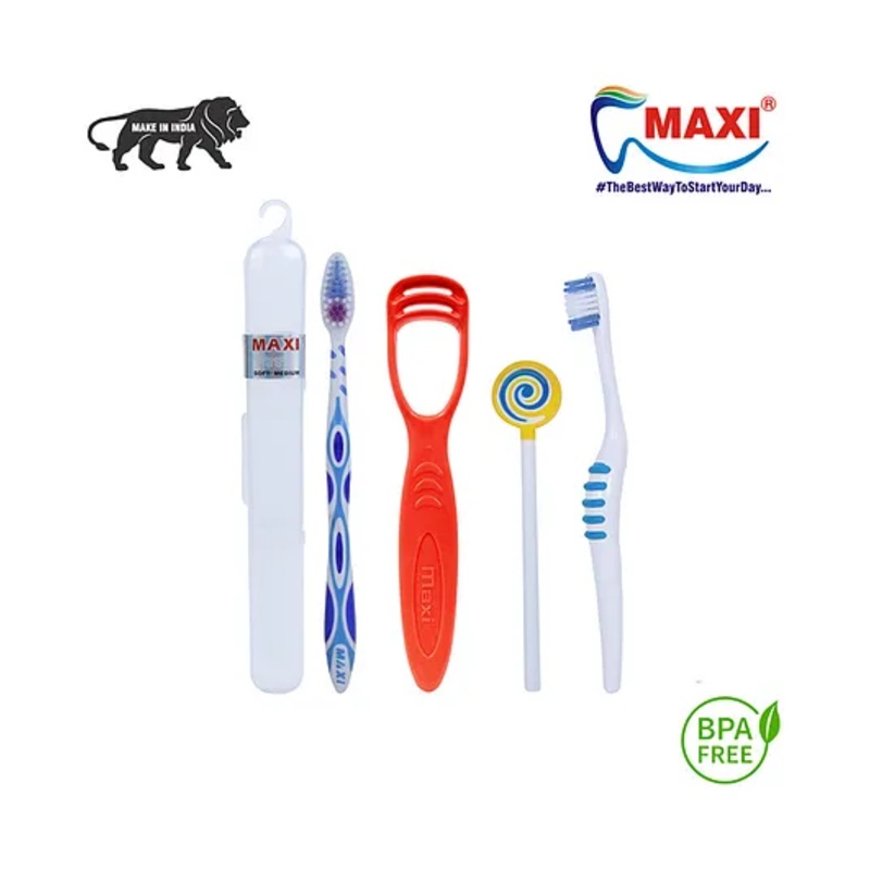 Maxi Mommy And Baby Toothbrush & Tongue Cleaner Oral Care Combo – Multicolor