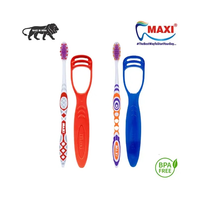 MAXI Style Toothbrush & Tongue Cleaner – Oral Hygiene Kit (Pack of 4) – Colour May Vary
