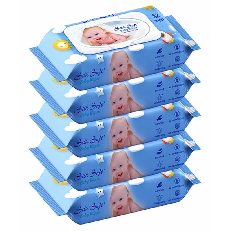 Silk Soft Baby Wet Wipes With-Lid 82Pcs (Pack of 5)