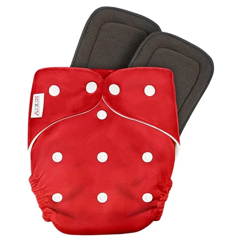 AEREX Reusable Baby Cloth Diapers For 6 Months to 3 Years With 2 Black Insert Pads Leak Proof Washable Diapers For New Born Babies Adjustable Pocket Cloth Diaper Nappies (Red)