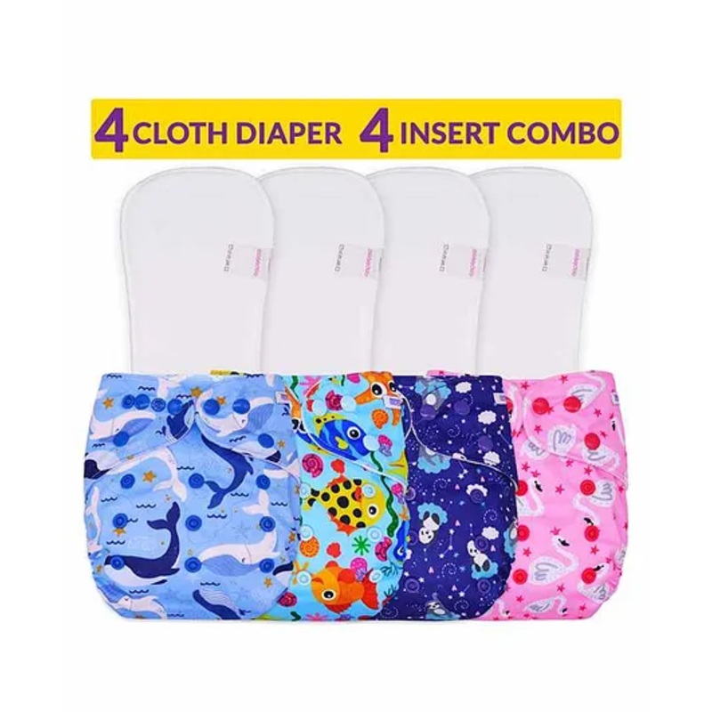 Bembika Reusable Printed Cloth Diapers With Inserts Pack of 4 – Multicolor