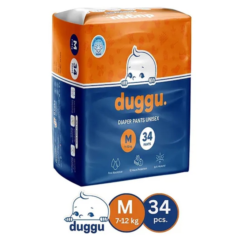 Duggu Baby Diaper Pants | Feather-Like Cotton Feel | Up to 10-Hour Absorption | Soft Elastic Waistband | Highly Absorbent | Medium | 7-12 KG | Pack of 1 – 34 Diapers