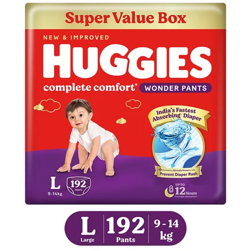 Huggies Complete Comfort Wonder Pants, India’s Fastest Absorbing Diaper | L Size, 192 Diapers