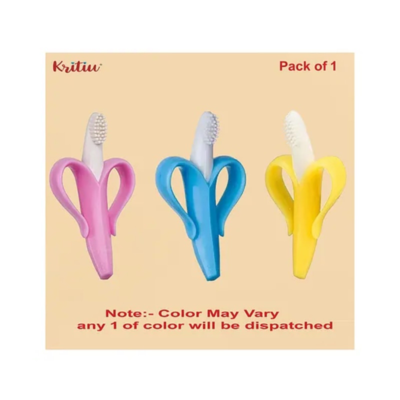 Kritiu Silicone Banana Shaped Teething Toothbrush Teether for Babies- Multicolor-(Pack of 1)