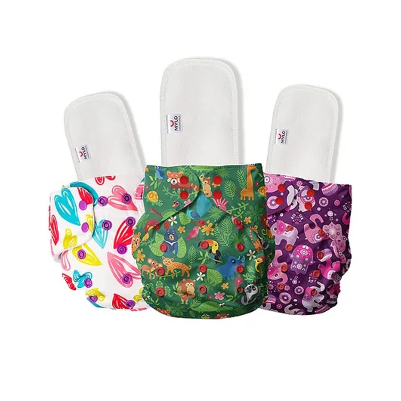 Mylo Baby Freesize Adjustable Cloth Diapers with 3 Free Insert Oeko Tex Certified Pack of 3 – Jungle Purple Love Heart Doodles Multicolour
