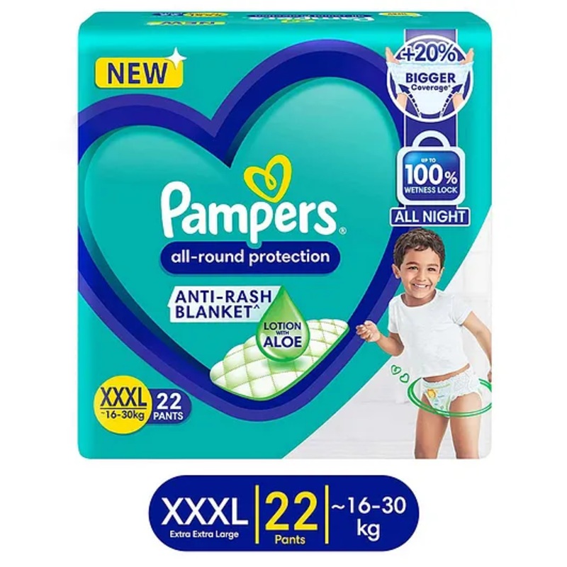 Pampers All round Protection Pants, Extra Extra Extra Large size baby diapers (XXXL) 22 Count, 16-30 kg, Anti-rash blanket, 360 degree Lotion with Aloe Vera