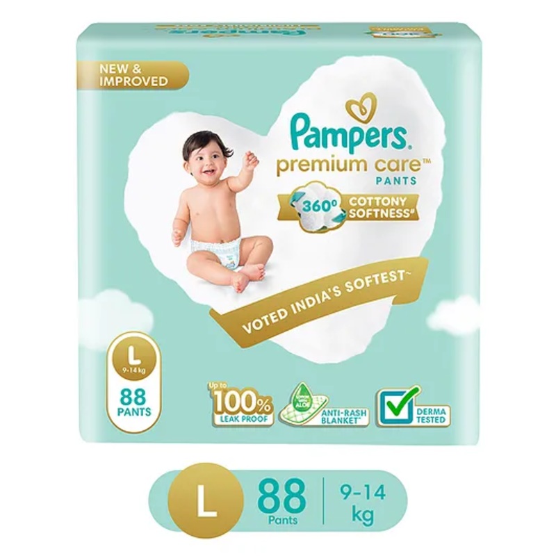 Pampers Premium Care Pants, Large size baby diapers (L), 88 Count, Softest ever Pampers pants