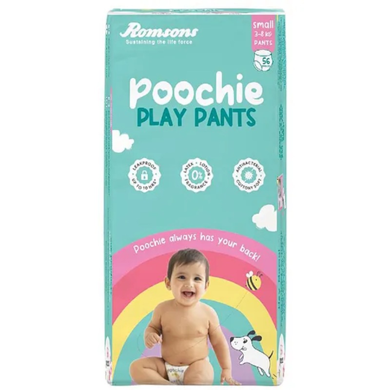 Romsons Poochie Play Pants Baby Diaper | Small Size | Super Absorbent Core | Leakproof Protection for up to 10 Hours | Wetness Indicator | 360 Comfort Fit | Suitable for 3-8 KG | Pack of 1 (56 count)