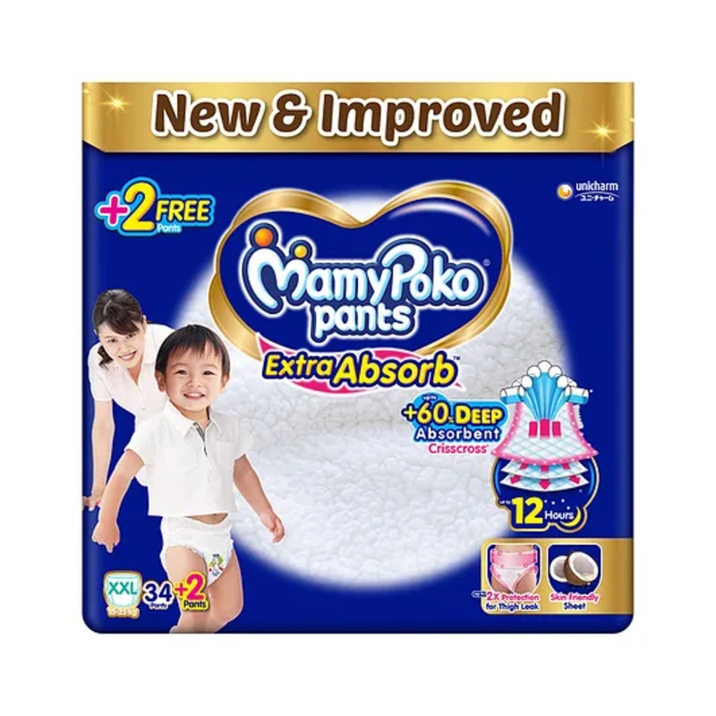 MamyPoko Pants Extra Absorb Baby Diapers, Extra Extra Large (XXL size) | 15-25 kg | 36 Count |Deep Sleep Diapers| Soft gentle fit |Deep Absorbent Crisscross | skin friendly with coconut oil |