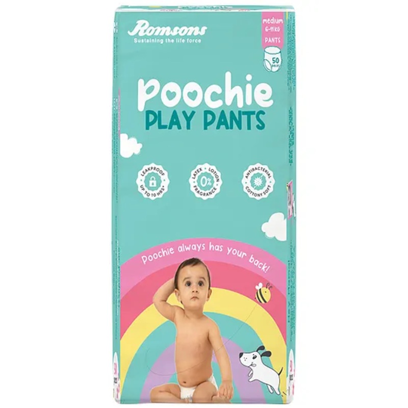 Romsons Poochie Play Pants Baby Diaper | M Size | Super Absorbent Core | Leakproof Protection for up to 10 Hours | Wetness Indicator | 360 Comfort Fit | Suitable for 6-11 KG | Pack of 1 (50 count)