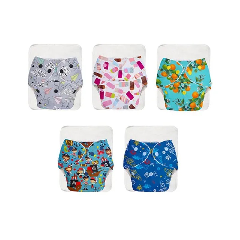 Superbottoms BASIC Washable & Reusable Cloth Diapers – Quick dry high absorption Diapers for Baby (3m-3y) Pack of 5 Stay Dry&Lasts Up To 3Hrs Trim Fitting(5 Shell + 5 Pads), 7 kg to 17 kg