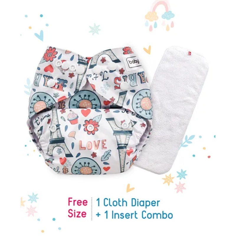 Babyhug Free Size Reusable Cloth Diaper With Insert Paris Print – White
