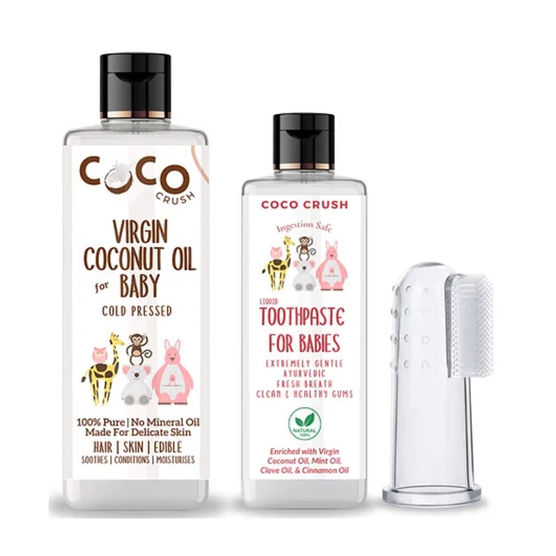 Coco Crush Combo of Virgin Coconut Oil for Babies, 200ml and Ayurvedic Kids Liquid Toothpaste, 50ml & Toothbrush, 1pc