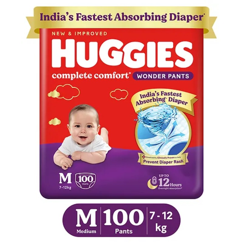 Huggies Complete Comfort Wonder Pants, India’s Fastest Absorbing Diaper | M Size, 100 Diapers
