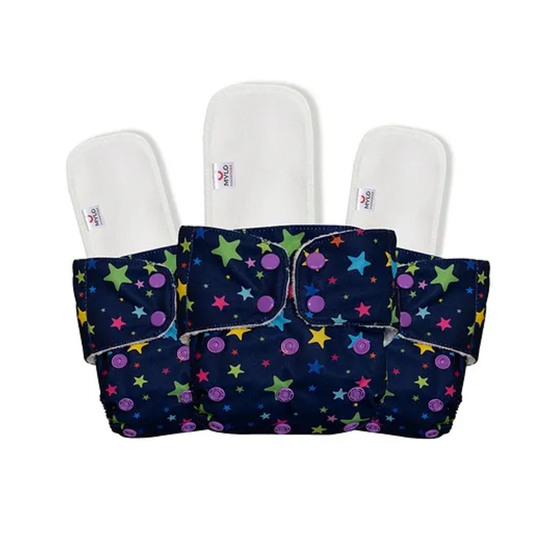 Mylo Baby Freesize Adjustable Cloth Diapers with 3 Free Insert Oeko Tex Certified Pack of 3 Twinkle Print – Multicolour
