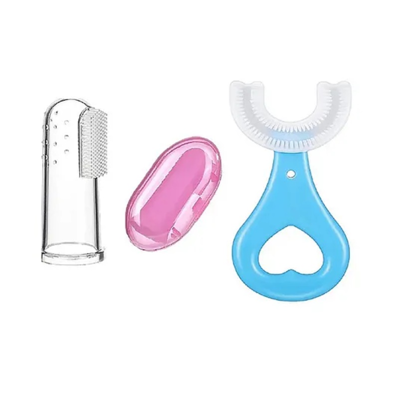 NeonateCare Soft Silicone Finger Toothbrush with U Shape Soft Bristles Brush for Kids Pack Of 2- (Pink Finger Brush, Blue U shape brush)
