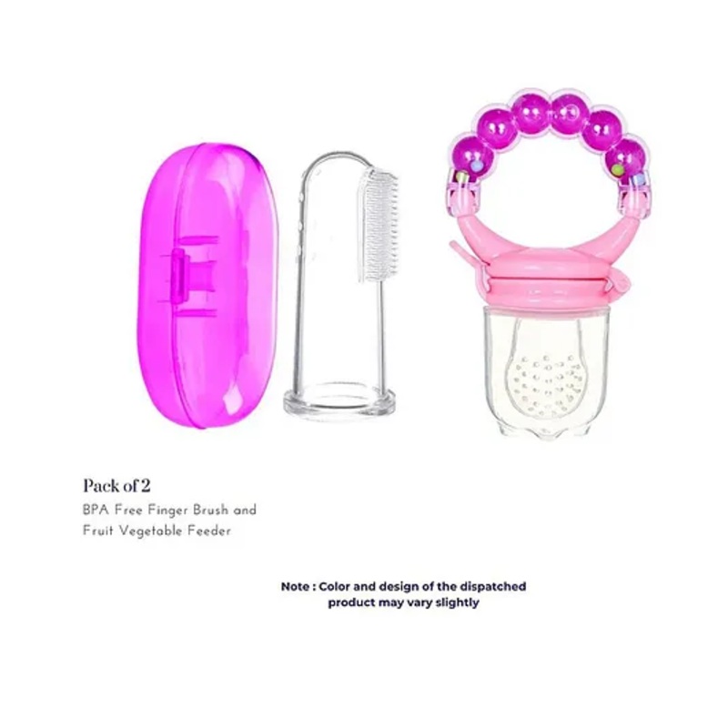 Numum Baby Finger Toothbrush with Tongue Cleaner & Silicone Food Feeder, Teether & Musical Rattle Toy for Babies (Pink)  Color & design may vary