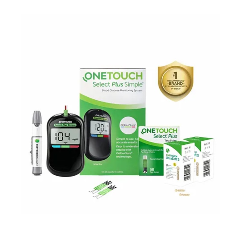 OneTouch Select Plus Simple glucometer machine with 50 Test Strips & 50 additional Ultrasoft 2 Lancets (total 60 lancets)