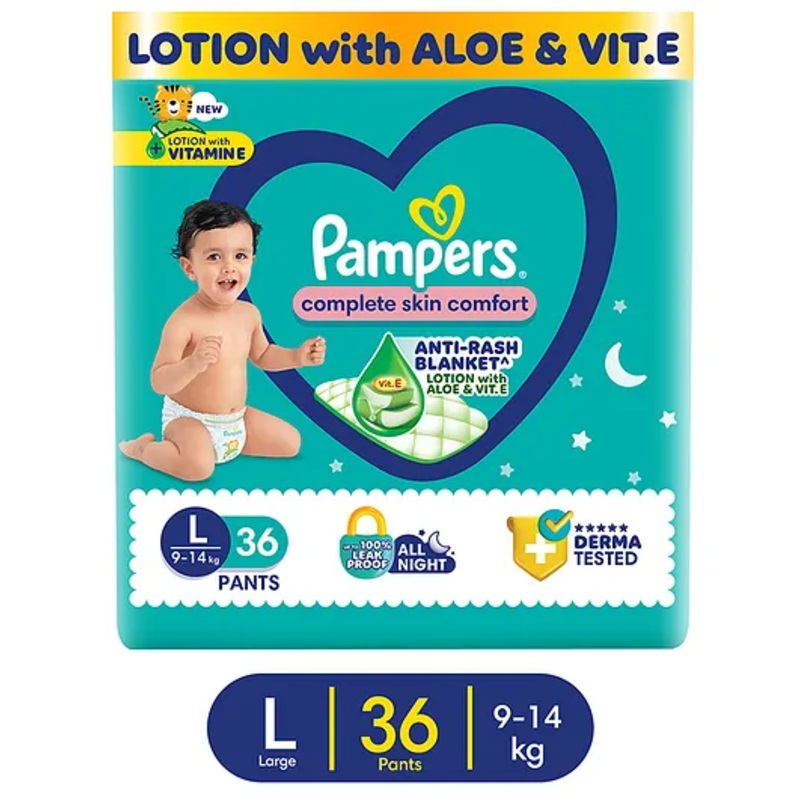 Pampers Complete Skin Comfort Pants, Anti-rash blanket, Lotion with Vitamin E & Aloe Vera, Large size baby Diapers, (LG) 36 Count, 9-14 kg