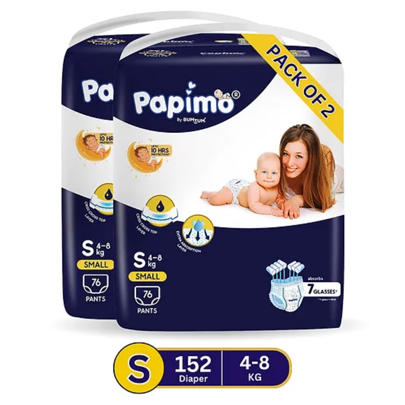 Papimo Baby Diaper Pants  | 12 Hours Absorption with Criss-Cross Technology | Cottony Soft & Breathable | Aloe Vera Infused | Wetness Indicator | Small (4-8 KG) | Pack of 2 (152 Diapers)