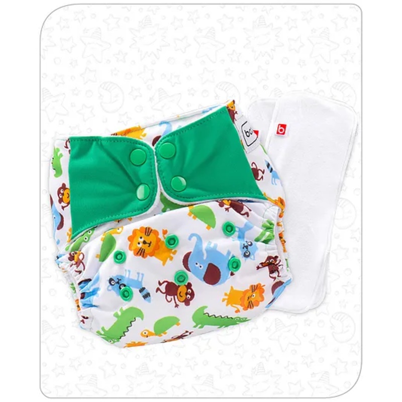 Babyhug Free Size Reusable Contrast Flap Closure Cloth Nappies With 2 SmartDry Inserts Animal Print – Green