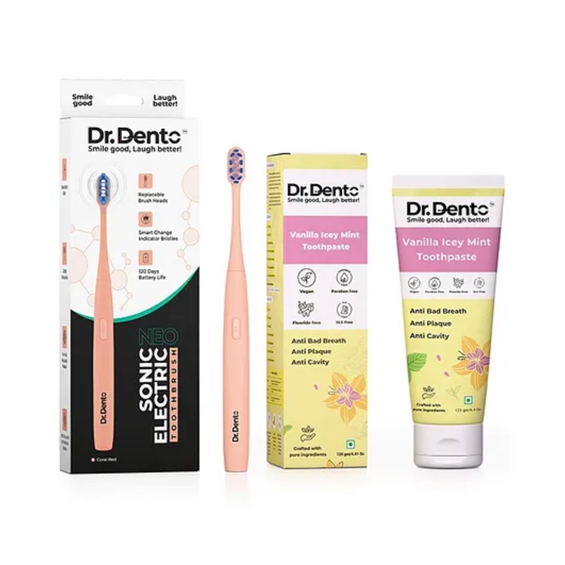 Dr.Dento Neo Electric Toothbrush with Vanilla Icey Mint Toothpaste (125g) | Battery Powered | Ergonomic Design | Soft Bristles | Includes Replacement Brush Head & Manual