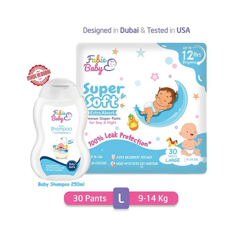 Fabie Baby Premium 12 Hrs Protection Diaper Pants Large (30Pcs) & Baby Shampoo (250ml) Combo – Pack of 2
