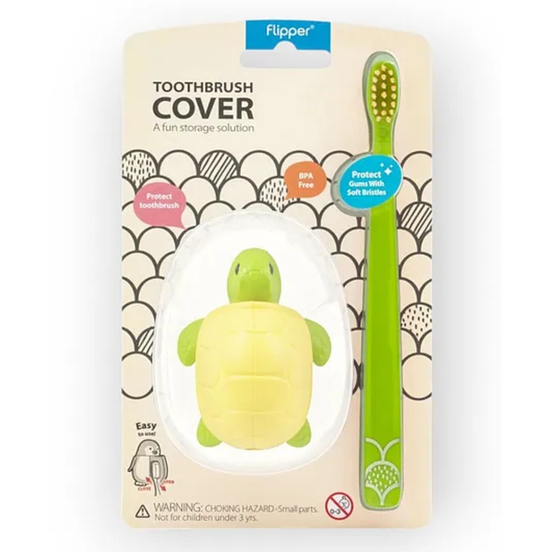 Flipper Toothbrush &  Brush Cover  Fun Animal Turtle – Olive Green
