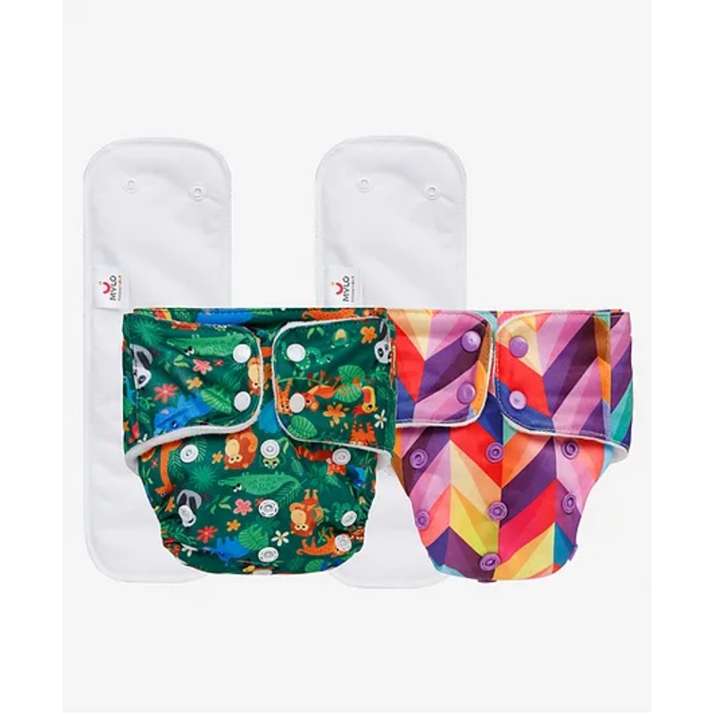 Mylo Baby Freesize Adjustable Cloth Diapers with 2 Free Insert Oeko Tex Certified Pack of 2 – Rainbow Jungle Multicolour