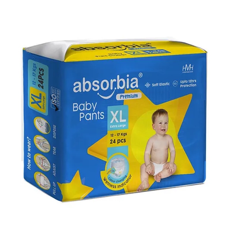 ABSORBIA Premium Baby diaper Pants | Extra Large | 12-17 Kg – XL (24 Pieces)
