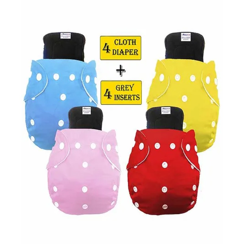 Babymoon Free Size Washable & Reusable 4 Cloth Diapers With 4 Grey Insert  Pack of 8 – Multicolor