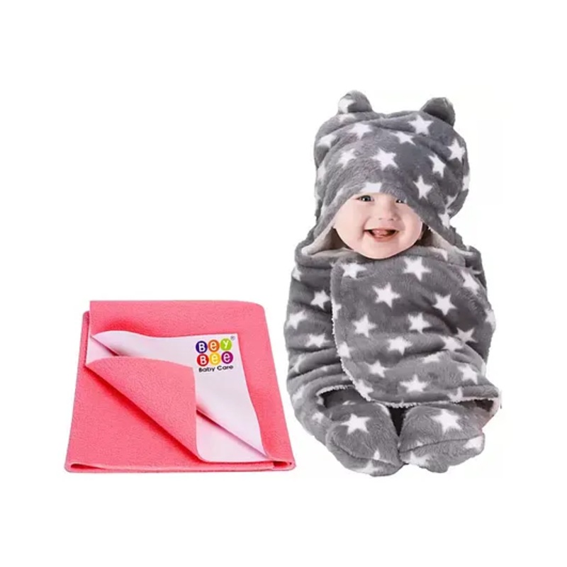 Bey Bee Wearable Hooded Full Body Cover Baby Sleeping Bag and Dry Sheet Star Print Small – Grey Pink