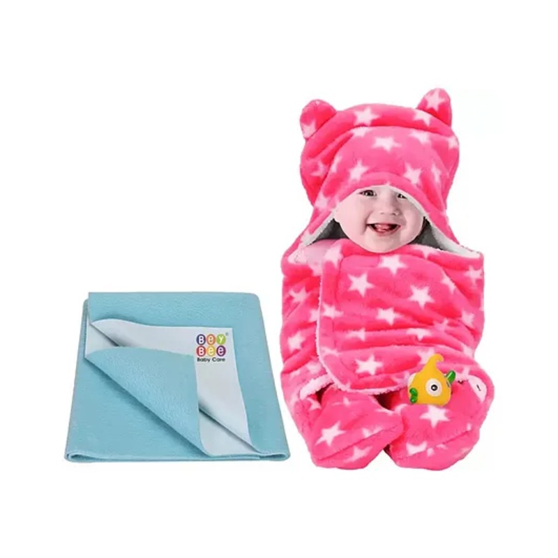 Bey Bee Wearable Hooded Full Body Cover Baby Sleeping Bag and Dry Sheet Star Print Small – Pink Blue