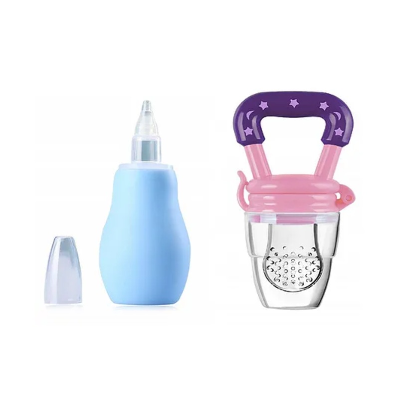Enorme Baby Silicone Blue Nose Cleaner Nasal Aspirator with Silicone Fruit and Food Nibbler Pacifier for Babies