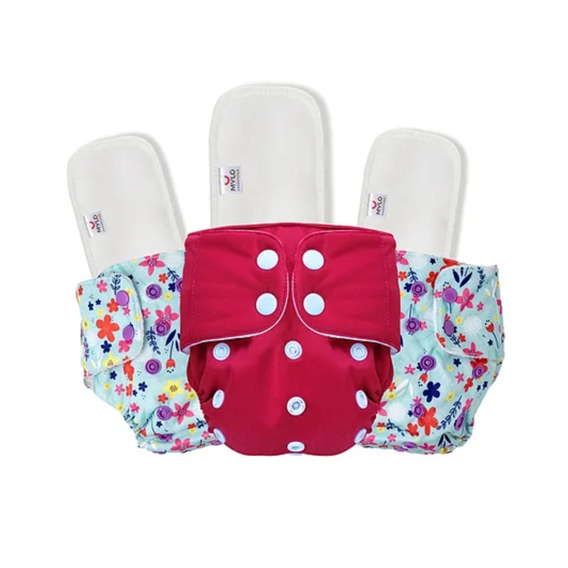Mylo Baby Freesize Adjustable Cloth Diapers with 3 Free Insert Oeko Tex Certified Pack of 3 Floral Print – Red & Blue