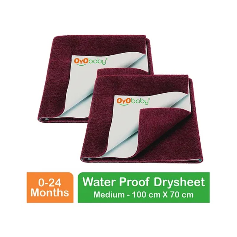 OYO BABY Anti-Piling Fleece Extra Absorbent Instant Dry Sheet, Baby Bed Protector, Waterproof Sheet, Medium (100cm x 70cm), Pack of 2 – Maroon