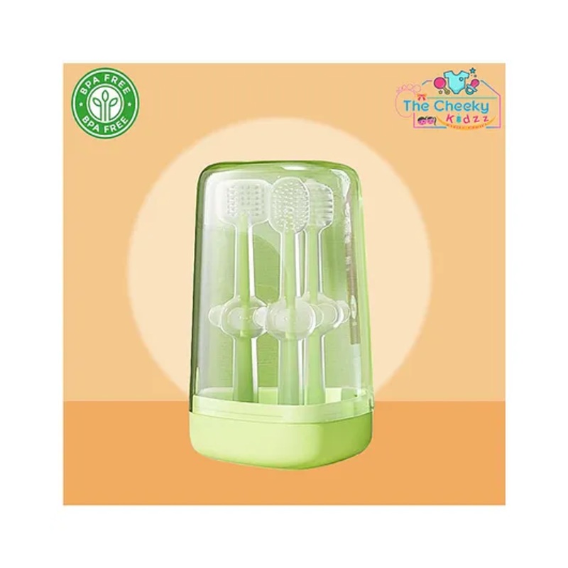 The Cheeky Kidzz Baby Toothbrush 3 In 1 BPA Free Silicone Toothbrush Set Includes U-Shape Tooth Scrubber, Tongue Cleaner & Front Massager Case(GREEN)