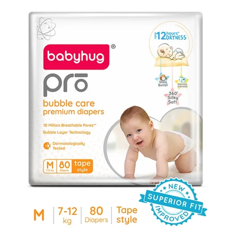 Babyhug Pro Bubble Care Premium Tape Style Diaper Medium – 80 Pieces – New & Improved Superior Fit