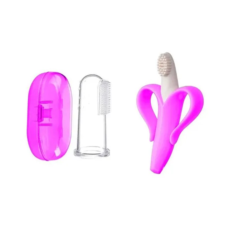 Kritiu Soft Sillicone Fingure Toothbrush & Banana Shape Toothbrush Combo – Pink